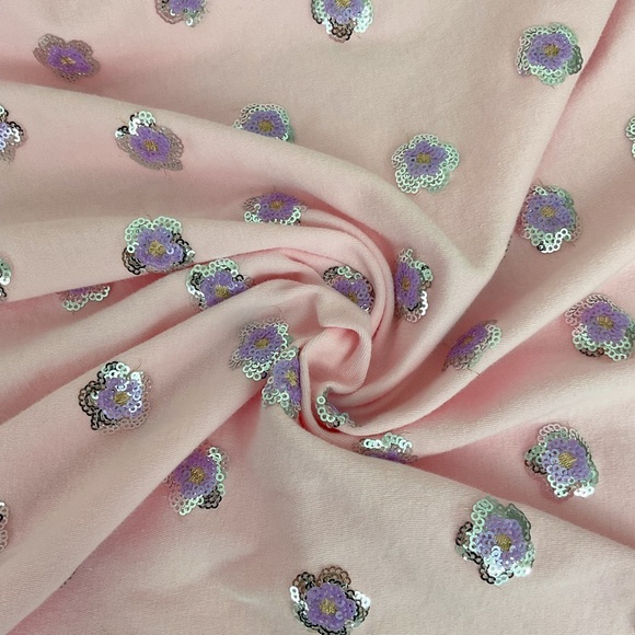 Light pink sequined flowers sweatshirt knit fabric 64” x 44” - Picture 1 of 6